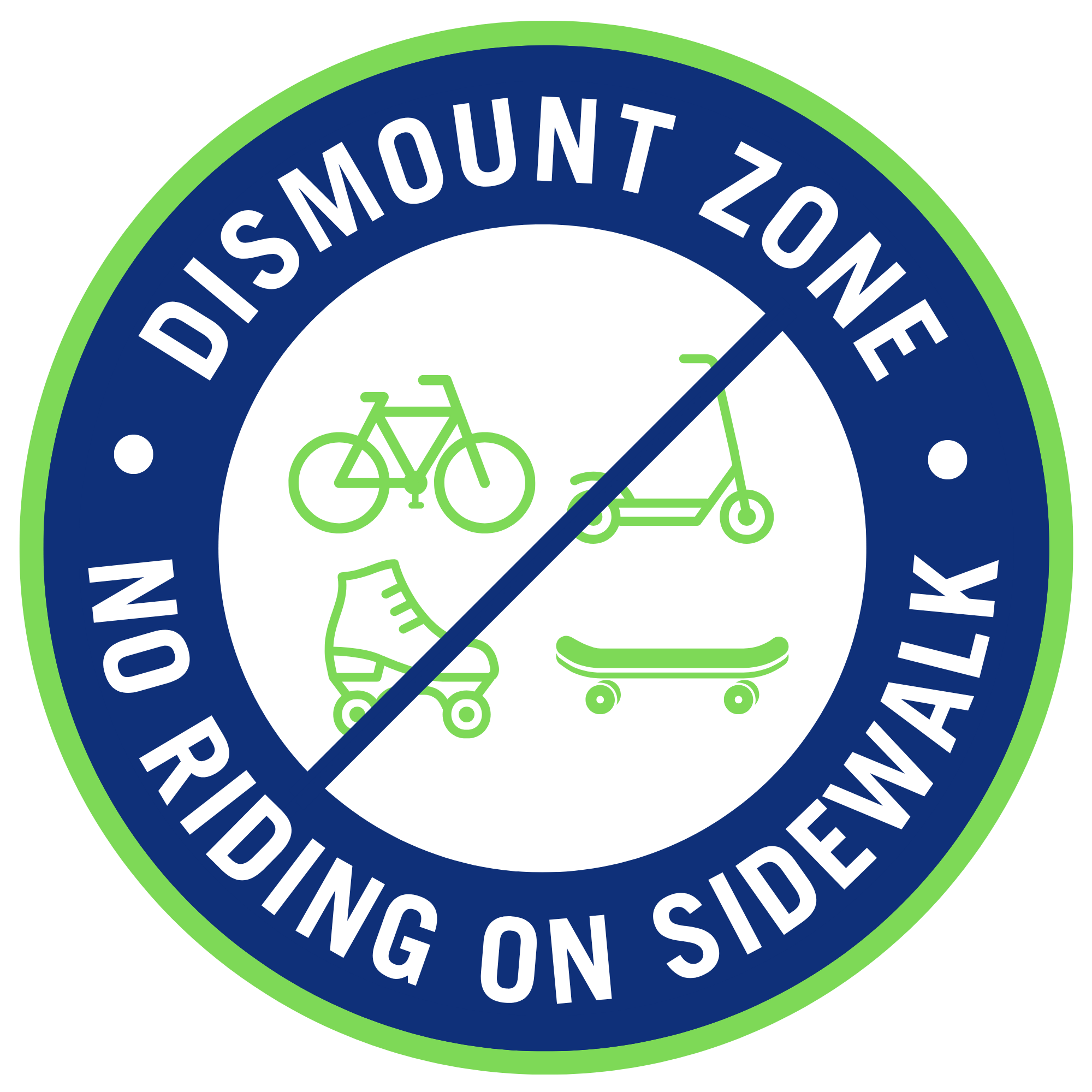 Decal stickers that say "Dismount Zone, No Riding on Sidewalk"